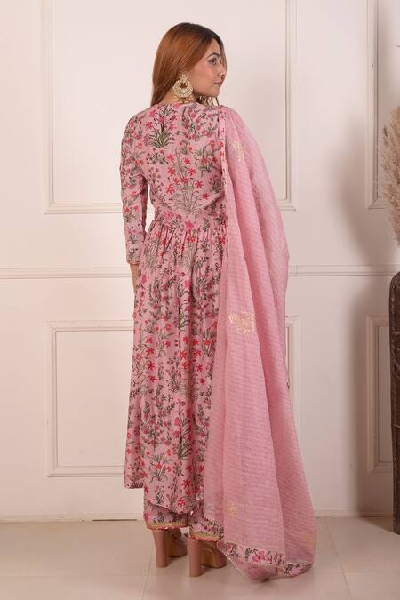 Shop Abbaran Peach Cotton, Silk, Chanderi Embroidery Floral Print Laced Anarkali Palazzo Set at Aza Fashions Shop_Abbaran_Peach Cotton, Silk, Chanderi Embroidery Floral Print Laced Anarkali Palazzo Set_at_Aza_Fashions