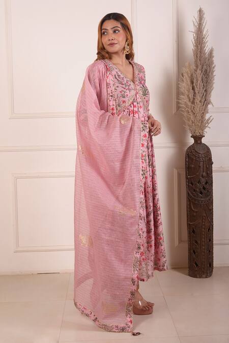 Abbaran_Peach Cotton, Silk, Chanderi Embroidery Floral Print Laced Anarkali Palazzo Set_Online_at_Aza_Fashions