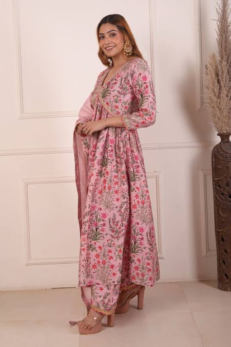 Buy_Abbaran_Peach Cotton, Silk, Chanderi Embroidery Floral Print Laced Anarkali Palazzo Set_Online_at_Aza_Fashions