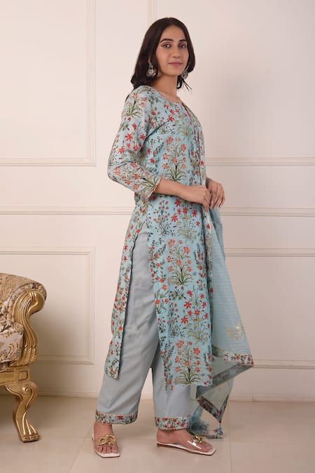 Abbaran_Blue Cotton, Silk, Chanderi Embroidery Collared Digital Print Kurta Palazzo Set_Online_at_Aza_Fashions