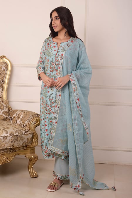 Buy_Abbaran_Blue Cotton, Silk, Chanderi Embroidery Collared Digital Print Kurta Palazzo Set_Online_at_Aza_Fashions