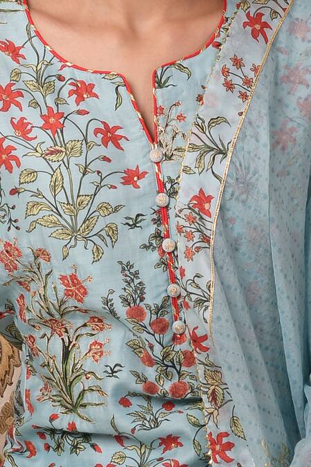 Shop_Abbaran_Blue Cotton, Silk, Chanderi Embroidery Collared Digital Print Kurta Palazzo Set_Online_at_Aza_Fashions