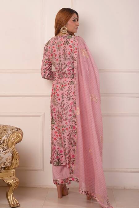 Shop_Abbaran_Peach Cotton, Silk, Chanderi Embroidery Split Floral Print Kurta Palazzo Set_at_Aza_Fashions