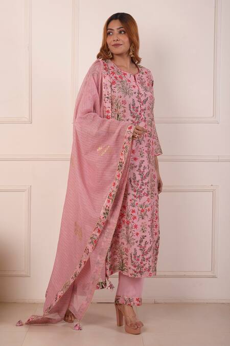 Abbaran_Peach Cotton, Silk, Chanderi Embroidery Split Floral Print Kurta Palazzo Set_Online_at_Aza_Fashions