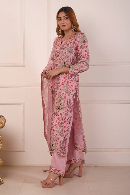 Buy_Abbaran_Peach Cotton, Silk, Chanderi Embroidery Split Floral Print Kurta Palazzo Set_Online_at_Aza_Fashions