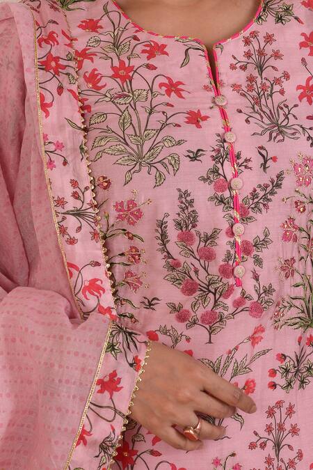 Abbaran Peach Cotton, Silk, Chanderi Embroidery Split Floral Print Kurta Palazzo Set at Aza Fashions Abbaran_Peach Cotton, Silk, Chanderi Embroidery Split Floral Print Kurta Palazzo Set_at_Aza_Fashions