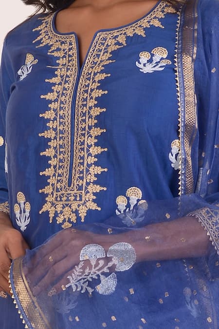 Buy_Abbaran_Blue Chanderi, Organza Embroidery Split V-neck Foil Print Kurta Gharara Set _Online_at_Aza_Fashions