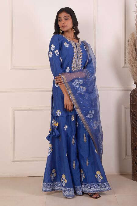 Shop_Abbaran_Blue Chanderi, Organza Embroidery Split V-neck Foil Print Kurta Gharara Set _Online_at_Aza_Fashions
