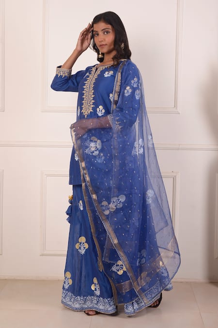 Abbaran_Blue Chanderi, Organza Embroidery Split V-neck Foil Print Kurta Gharara Set _at_Aza_Fashions