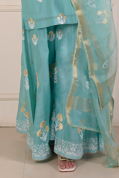 Buy_Abbaran_Blue Chanderi, Organza Embroidery Split Hand Block Foil Print Kurta Gharara Set _Online_at_Aza_Fashions