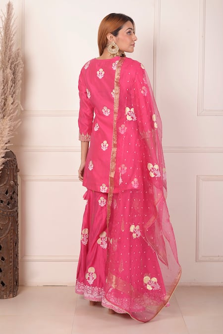 Abbaran_Pink Chanderi, Organza Embroidery, Sequins Keyhole Foil Print Kurta Gharara Set _Online_at_Aza_Fashions