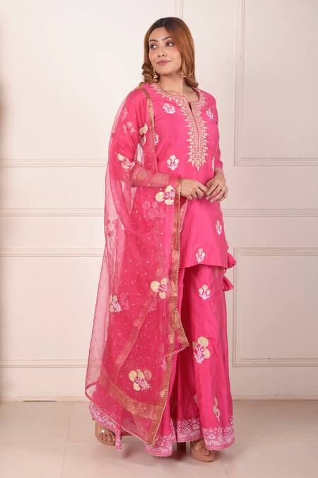 Shop_Abbaran_Pink Chanderi, Organza Embroidery, Sequins Keyhole Foil Print Kurta Gharara Set _Online_at_Aza_Fashions