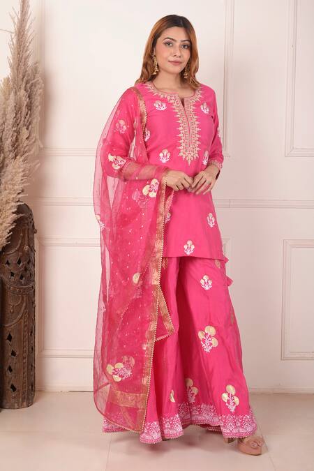 Abbaran_Pink Chanderi, Organza Embroidery, Sequins Keyhole Foil Print Kurta Gharara Set _at_Aza_Fashions