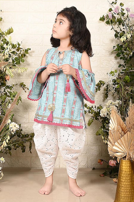 Shop The Plum Bum Blue Handloom Cotton Tassels, Stripe Pattern Cold Shoulder Kurta With Dhoti Pant at Aza Fashions Shop_The Plum Bum_Blue Handloom Cotton Tassels, Stripe Pattern Cold Shoulder Kurta With Dhoti Pant _at_Aza_Fashions