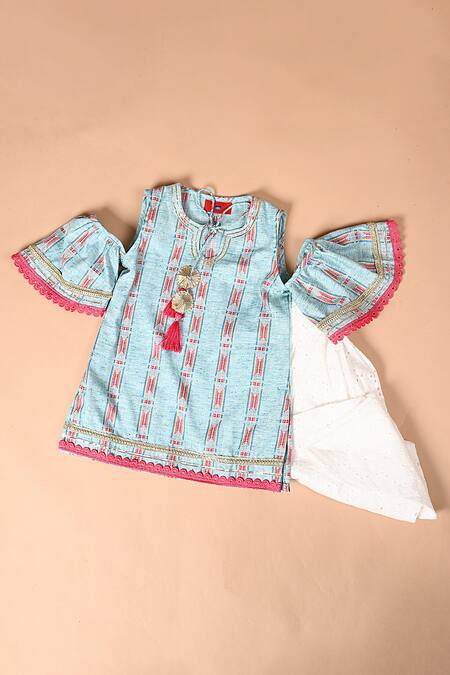 Buy The Plum Bum Blue Handloom Cotton Tassels, Stripe Pattern Cold Shoulder Kurta With Dhoti Pant Online at Aza Fashions Buy_The Plum Bum_Blue Handloom Cotton Tassels, Stripe Pattern Cold Shoulder Kurta With Dhoti Pant _Online_at_Aza_Fashions