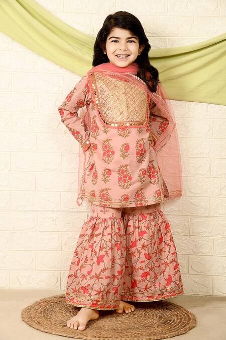Shop The Plum Bum Pink Cotton, Net Embroidery, Gota Patti Floral Garden Pattern Kurta Sharara Set at Aza Fashions Shop_The Plum Bum_Pink Cotton, Net Embroidery, Gota Patti Floral Garden Pattern Kurta Sharara Set_at_Aza_Fashions