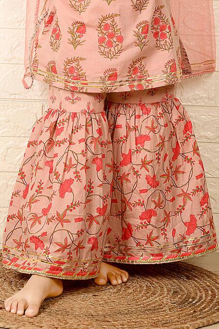 Buy The Plum Bum Pink Cotton, Net Embroidery, Gota Patti Floral Garden Pattern Kurta Sharara Set Online at Aza Fashions Buy_The Plum Bum_Pink Cotton, Net Embroidery, Gota Patti Floral Garden Pattern Kurta Sharara Set_Online_at_Aza_Fashions