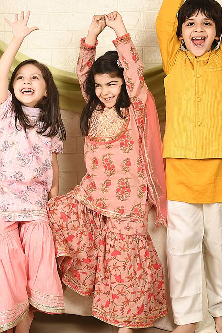 Shop The Plum Bum Pink Cotton, Net Embroidery, Gota Patti Floral Garden Pattern Kurta Sharara Set Online at Aza Fashions Shop_The Plum Bum_Pink Cotton, Net Embroidery, Gota Patti Floral Garden Pattern Kurta Sharara Set_Online_at_Aza_Fashions