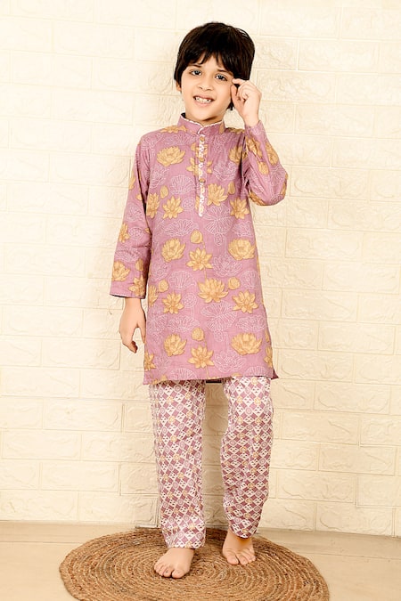 The Plum Bum_Purple Cotton Embroidery Printed Kurta Set _Online_at_Aza_Fashions