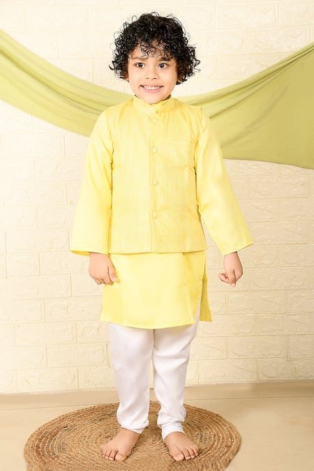 Shop The Plum Bum Yellow Cotton, Lurex Striped Bundi And Kurta Set at Aza Fashions Shop_The Plum Bum_Yellow Cotton, Lurex Striped Bundi And Kurta Set _at_Aza_Fashions
