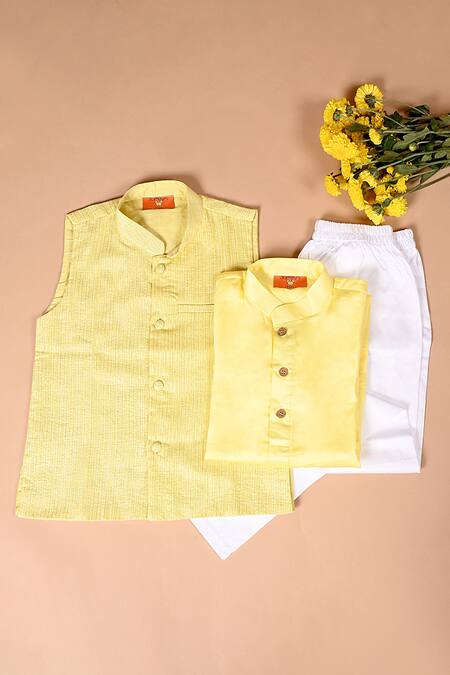 Buy The Plum Bum Yellow Cotton, Lurex Striped Bundi And Kurta Set Online at Aza Fashions Buy_The Plum Bum_Yellow Cotton, Lurex Striped Bundi And Kurta Set _Online_at_Aza_Fashions