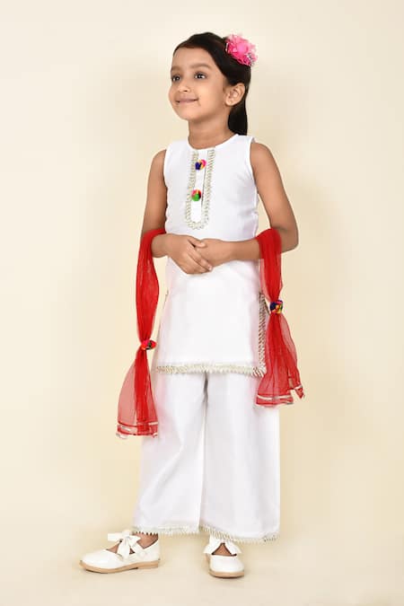 Pankhuri By Priyanka White Chanderi Lace, Pom-poms Kurta Palazzo Set 
