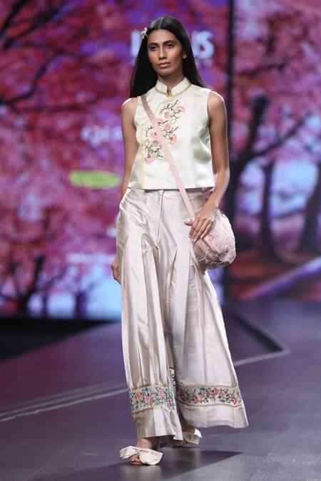 Shruti Sancheti_Beige Silk Band Collar Embroidered Top_Online_at_Aza_Fashions