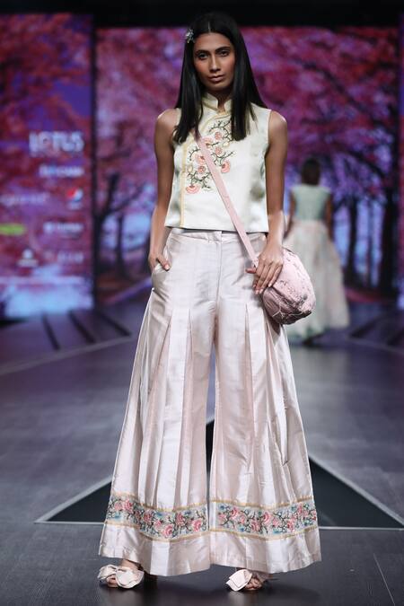 Buy_Shruti Sancheti_Beige Silk Band Collar Embroidered Top_Online_at_Aza_Fashions