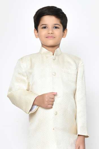 Banana Bee_Cream Kurta Jacquard Silk Woven Quilted With Pant _Online_at_Aza_Fashions