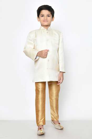 Shop_Banana Bee_Cream Kurta Jacquard Silk Woven Quilted With Pant _Online_at_Aza_Fashions