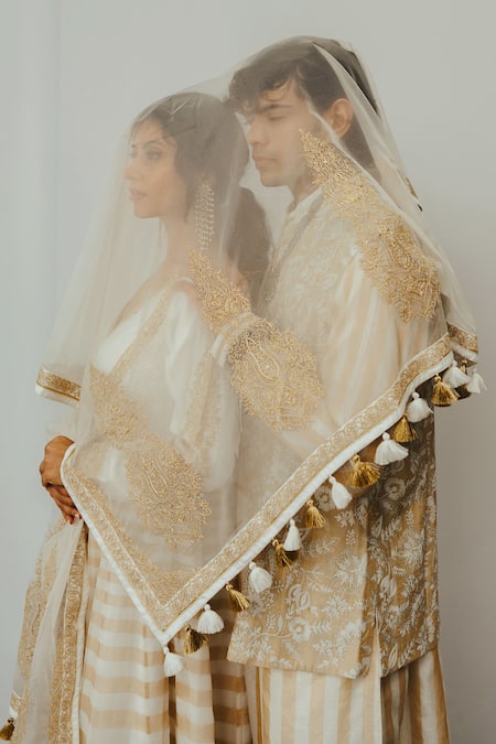 Buy_Wabi Sabi By Anshum-Ritesh_Ivory Chanderi Tassels, Embroidery Asymmetric Mogra Hand Anarkali Pant Set _Online_at_Aza_Fashions