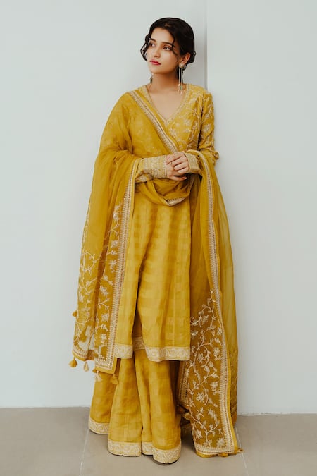 Wabi Sabi By Anshum-Ritesh Yellow Chanderi Embroidery Asymmetric Surajmukhi Hand Anarkali Sharara Set