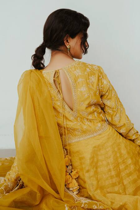 Shop Wabi Sabi By Anshum-Ritesh Yellow Chanderi Embroidery Asymmetric Surajmukhi Hand Anarkali Sharara Set at Aza Fashions Shop_Wabi Sabi By Anshum-Ritesh_Yellow Chanderi Embroidery Asymmetric Surajmukhi Hand Anarkali Sharara Set _at_Aza_Fashions