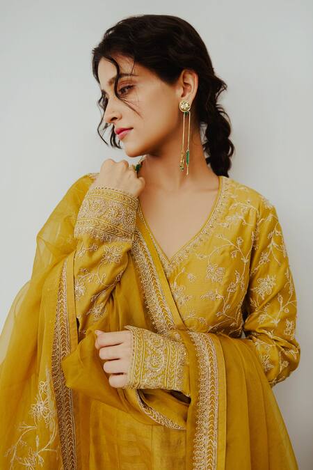 Wabi Sabi By Anshum-Ritesh Yellow Chanderi Embroidery Asymmetric Surajmukhi Hand Anarkali Sharara Set Online at Aza Fashions Wabi Sabi By Anshum-Ritesh_Yellow Chanderi Embroidery Asymmetric Surajmukhi Hand Anarkali Sharara Set _Online_at_Aza_Fashions