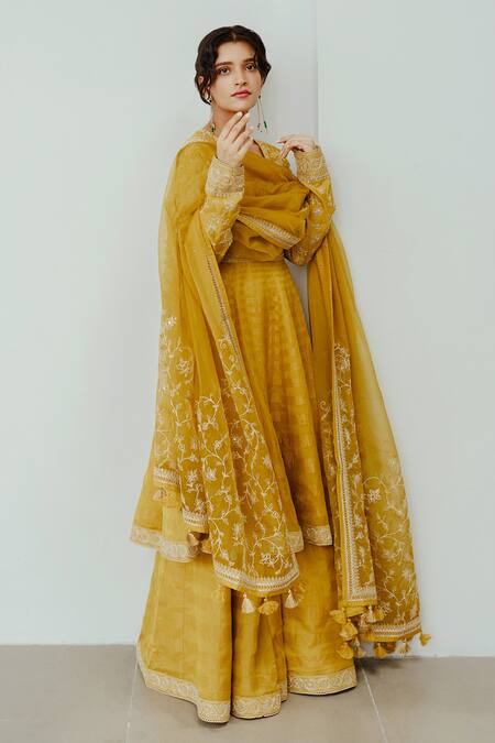 Buy Wabi Sabi By Anshum-Ritesh Yellow Chanderi Embroidery Asymmetric Surajmukhi Hand Anarkali Sharara Set Online at Aza Fashions Buy_Wabi Sabi By Anshum-Ritesh_Yellow Chanderi Embroidery Asymmetric Surajmukhi Hand Anarkali Sharara Set _Online_at_Aza_Fashions