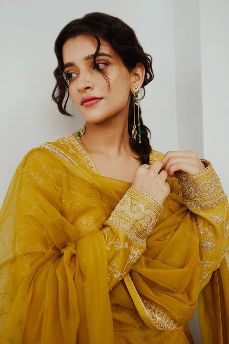 Shop Wabi Sabi By Anshum-Ritesh Yellow Chanderi Embroidery Asymmetric Surajmukhi Hand Anarkali Sharara Set Online at Aza Fashions Shop_Wabi Sabi By Anshum-Ritesh_Yellow Chanderi Embroidery Asymmetric Surajmukhi Hand Anarkali Sharara Set _Online_at_Aza_Fashions