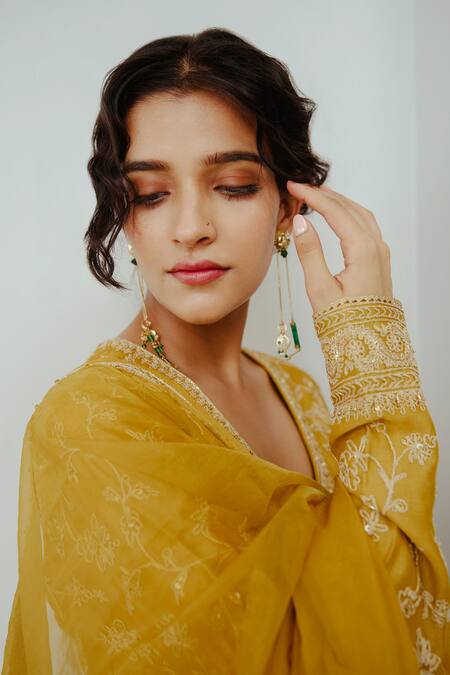 Wabi Sabi By Anshum-Ritesh Yellow Chanderi Embroidery Asymmetric Surajmukhi Hand Anarkali Sharara Set at Aza Fashions Wabi Sabi By Anshum-Ritesh_Yellow Chanderi Embroidery Asymmetric Surajmukhi Hand Anarkali Sharara Set _at_Aza_Fashions