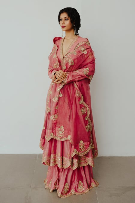 Wabi Sabi By Anshum-Ritesh Pink Chanderi Embroidery V-neck Gulab Hand Anarkali Sharara Set