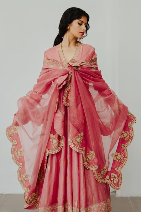 Shop Wabi Sabi By Anshum-Ritesh Pink Chanderi Embroidery V-neck Gulab Hand Anarkali Sharara Set at Aza Fashions Shop_Wabi Sabi By Anshum-Ritesh_Pink Chanderi Embroidery V-neck Gulab Hand Anarkali Sharara Set _at_Aza_Fashions