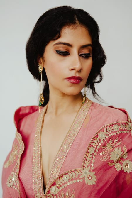 Buy Wabi Sabi By Anshum-Ritesh Pink Chanderi Embroidery V-neck Gulab Hand Anarkali Sharara Set Online at Aza Fashions Buy_Wabi Sabi By Anshum-Ritesh_Pink Chanderi Embroidery V-neck Gulab Hand Anarkali Sharara Set _Online_at_Aza_Fashions