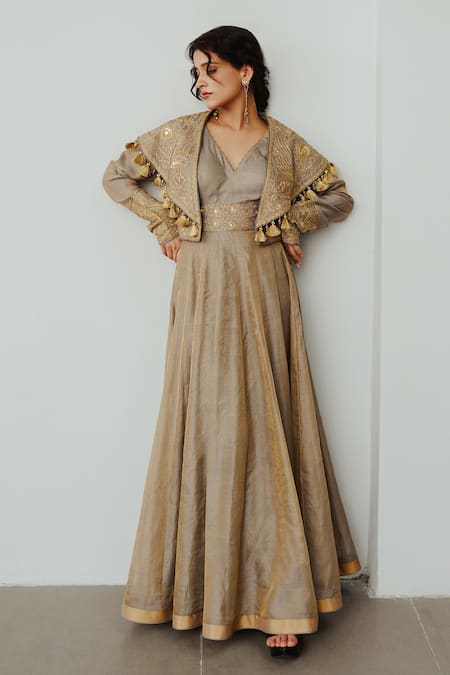 WABI SABI BY ANSHUM-RITESH Golden Feather Embroidered Cape Jacket with Anarkali 