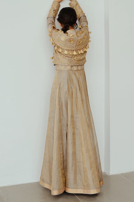 Shop Wabi Sabi By Anshum-Ritesh Grey Tissue Tassels V-neck Golden Feather Embroidered Cape Jacket With Anarkali at Aza Fashions Shop_Wabi Sabi By Anshum-Ritesh_Grey Tissue Tassels V-neck Golden Feather Embroidered Cape Jacket With Anarkali _at_Aza_Fashions