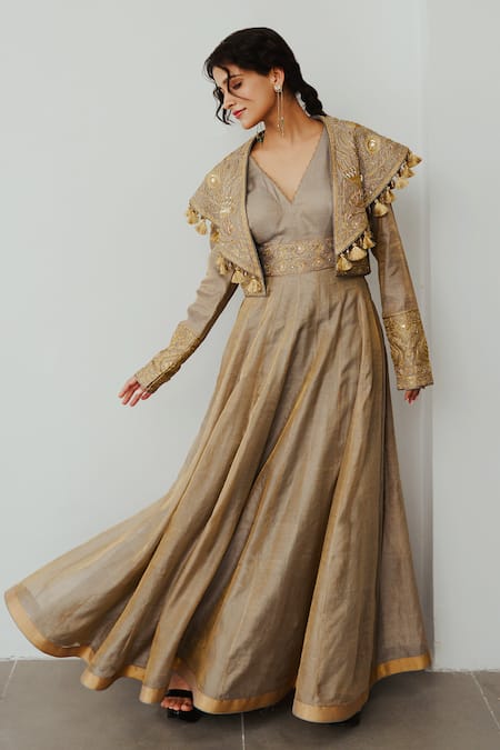 Buy Wabi Sabi By Anshum-Ritesh Grey Tissue Tassels V-neck Golden Feather Embroidered Cape Jacket With Anarkali Online at Aza Fashions Buy_Wabi Sabi By Anshum-Ritesh_Grey Tissue Tassels V-neck Golden Feather Embroidered Cape Jacket With Anarkali _Online_at_Aza_Fashions