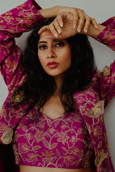 Shop Wabi Sabi By Anshum-Ritesh Magenta Chanderi Embroidery Sweetheart Neck, Bloom Butterflies Jacket Pant Set at Aza Fashions Shop_Wabi Sabi By Anshum-Ritesh_Magenta Chanderi Embroidery Sweetheart Neck, Bloom Butterflies Jacket Pant Set _at_Aza_Fashions