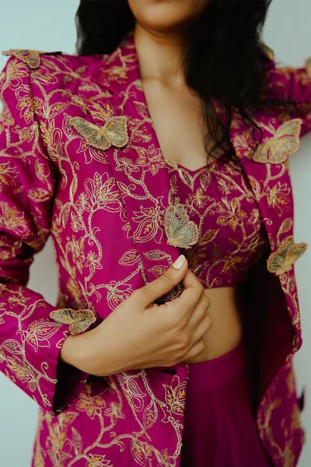 Wabi Sabi By Anshum-Ritesh Magenta Chanderi Embroidery Sweetheart Neck, Bloom Butterflies Jacket Pant Set Online at Aza Fashions Wabi Sabi By Anshum-Ritesh_Magenta Chanderi Embroidery Sweetheart Neck, Bloom Butterflies Jacket Pant Set _Online_at_Aza_Fashions
