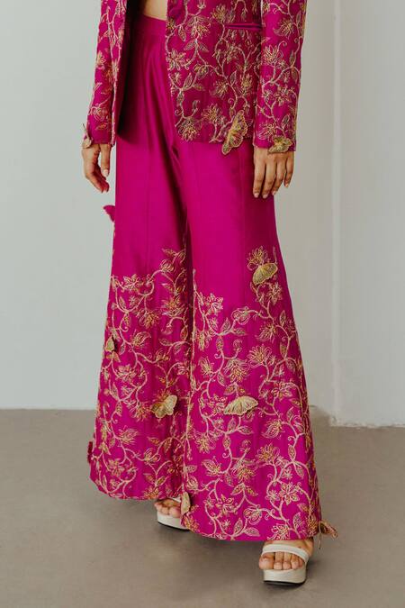 Buy Wabi Sabi By Anshum-Ritesh Magenta Chanderi Embroidery Sweetheart Neck, Bloom Butterflies Jacket Pant Set Online at Aza Fashions Buy_Wabi Sabi By Anshum-Ritesh_Magenta Chanderi Embroidery Sweetheart Neck, Bloom Butterflies Jacket Pant Set _Online_at_Aza_Fashions