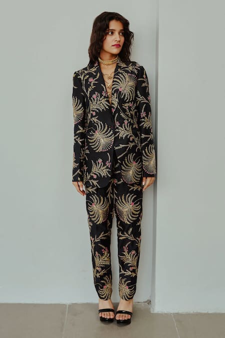 Wabi Sabi By Anshum-Ritesh Black Chanderi Embroidery Collared The Great Indian Jacobean Jacket And Pant Set