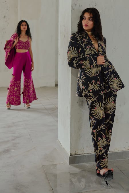 Wabi Sabi By Anshum-Ritesh_Black Chanderi Embroidery Collared The Great Indian Jacobean Jacket And Pant Set _Online_at_Aza_Fashions
