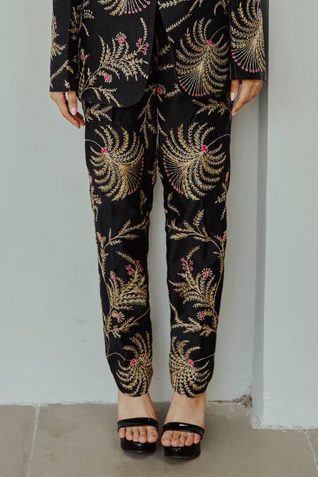 Shop_Wabi Sabi By Anshum-Ritesh_Black Chanderi Embroidery Collared The Great Indian Jacobean Jacket And Pant Set _Online_at_Aza_Fashions