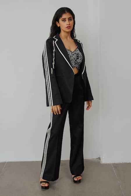 Wabi Sabi By Anshum-Ritesh Black Cotton, Silk Embroidery, Pearls Linear Lilies Pattern Jacket Pant Set